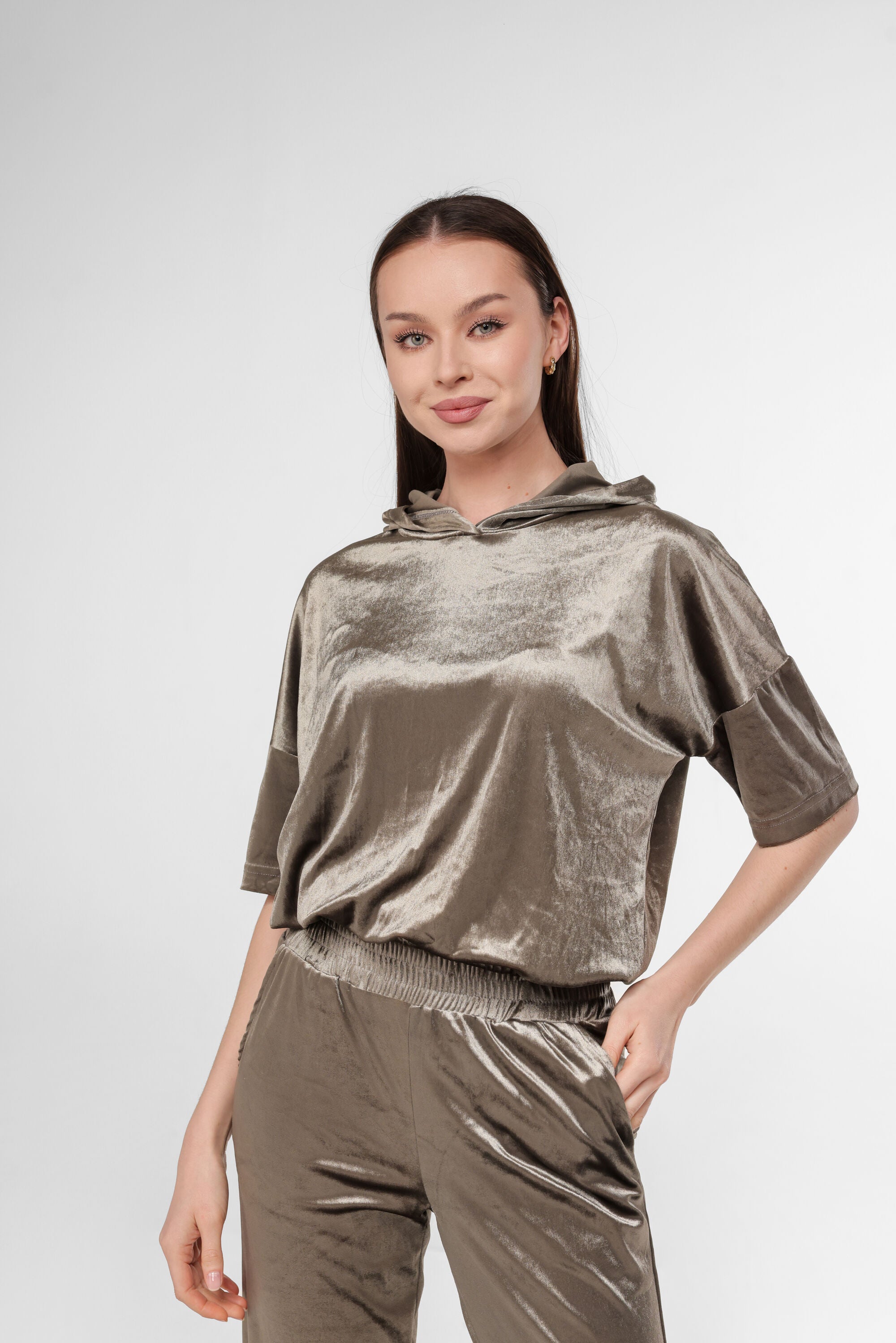 Shiny light brown velour two-piece set